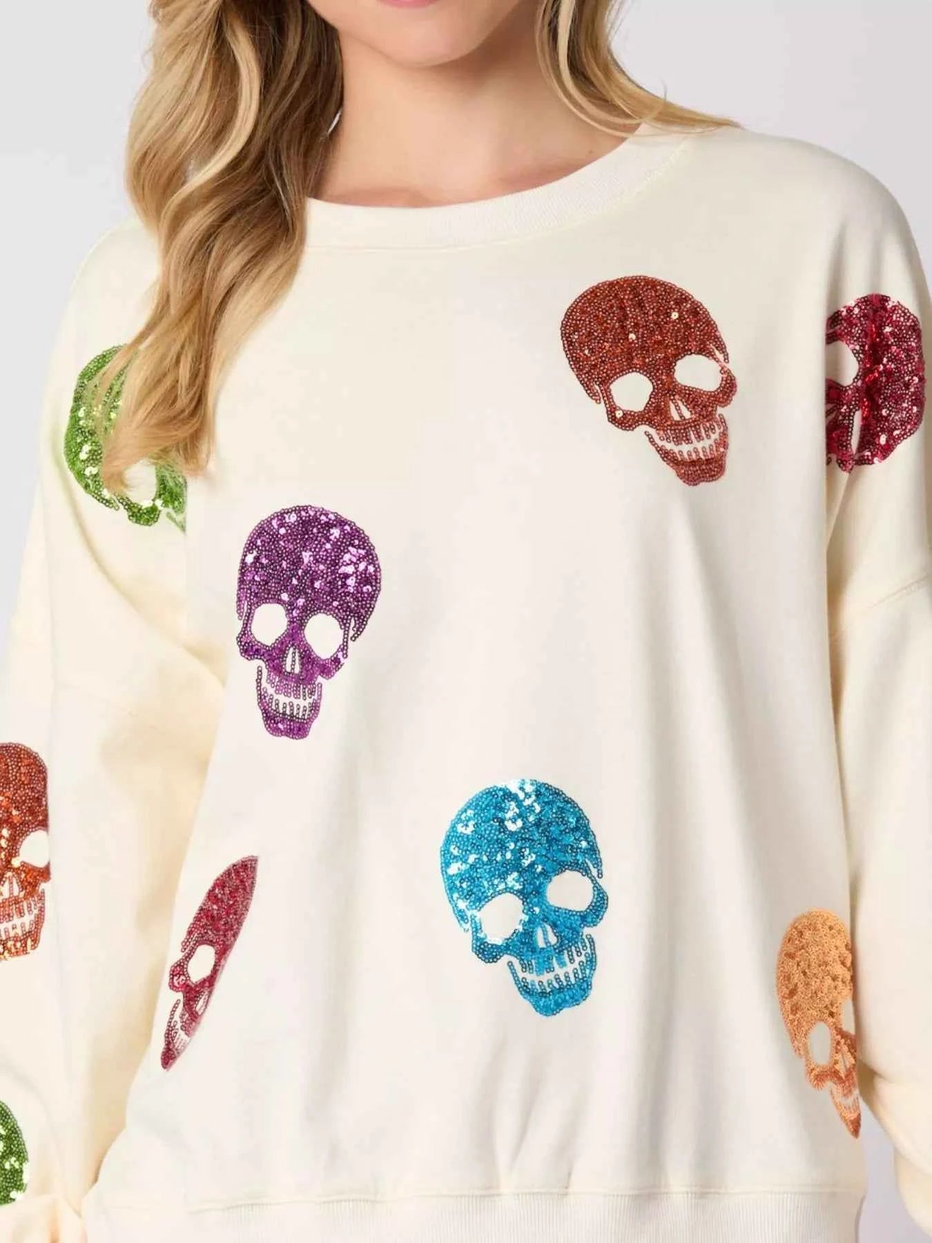 Halloween Colorful Skull Sequin Oversized Sweatshirt a0a43791-9092-4c43-9f27-9a3ec0133d29-Max-Origin