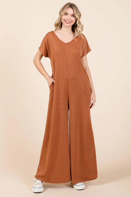 Ribbed Short Sleeve Wide Leg Jumpsuit with Pockets a0b69628-9819-4c88-a9fc-a44f4dfdb049-Max