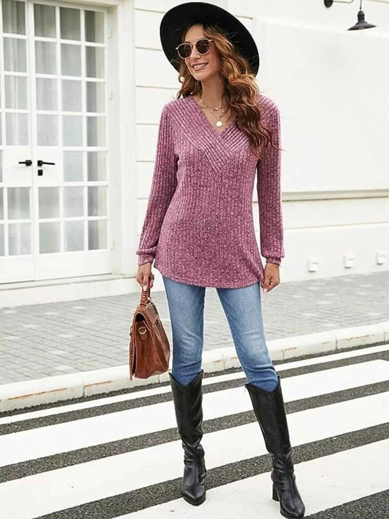V-Neck Ribbed Long Sleeve Knit Top a0b6df8609fb42e5b5aeab0306bbc567-Max-Origin