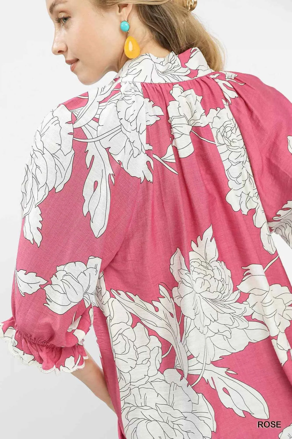 Umgee Peony Illustration Print Flounce Sleeve Blouse