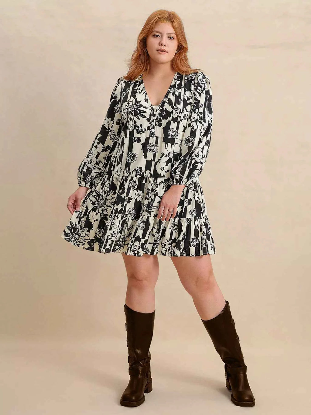 Plus Size Printed V-Neck Long Sleeve Mini Dress a0c1ef4e-24a6-4825-95fd-a66bc280a715-Max-Origin