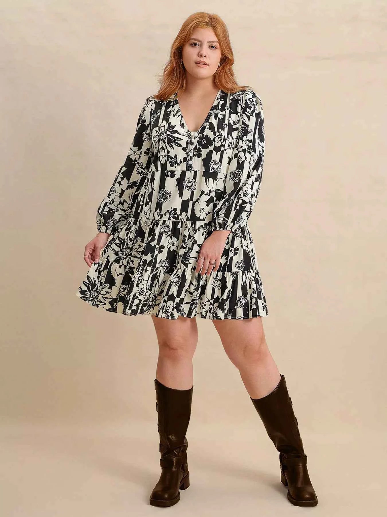 Plus Size Printed V-Neck Long Sleeve Mini Dress a0c1ef4e-24a6-4825-95fd-a66bc280a715-Max-Origin