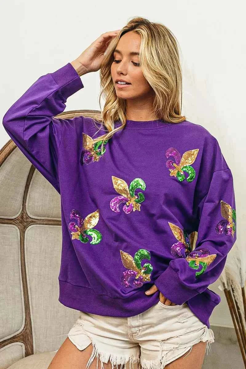 BiBi Fleur De Lis Sequin Patches Mardi Gras Sweatshirt a0c955cca880459aa8e5704d58f1553b-Max-Origin
