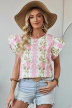 Pink Floral Print Layered Ruffle Sleeve Summer Top a0ca8d45fe9545f8