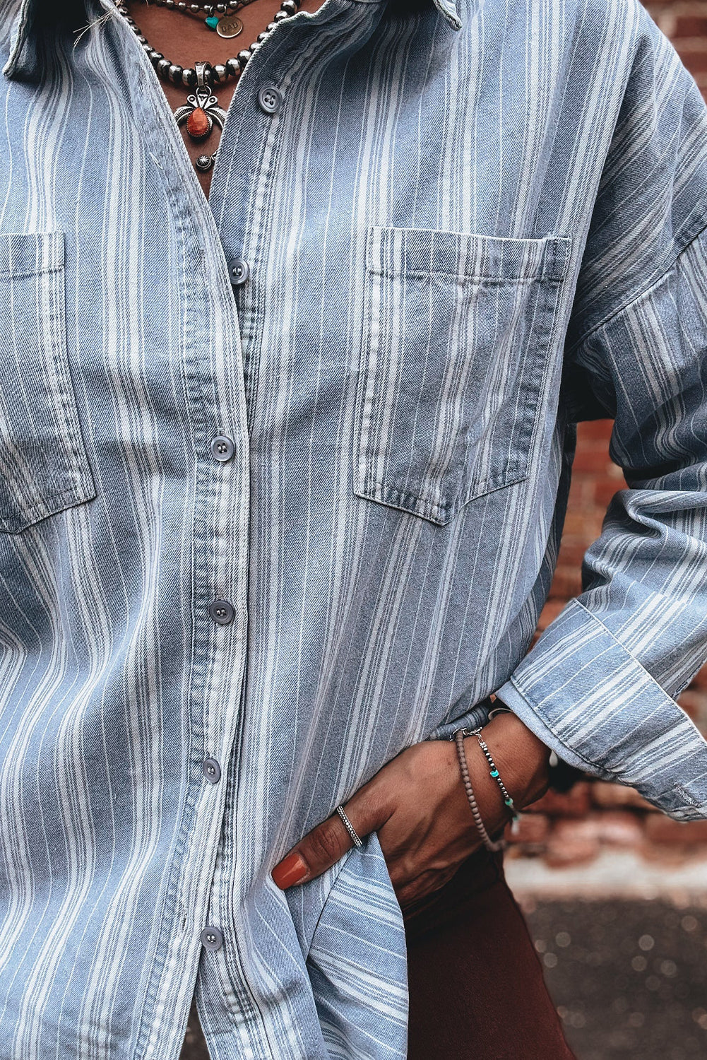 Sky Blue Stripe Boyfriend Chest Pocket Classic Denim Shacket a0cb040e216538e1