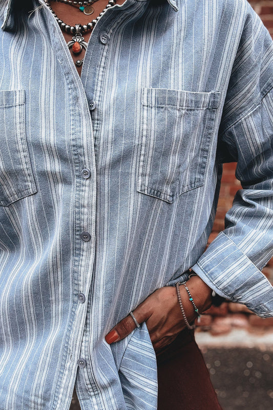 Sky Blue Stripe Boyfriend Chest Pocket Classic Denim Shacket a0cb040e216538e1