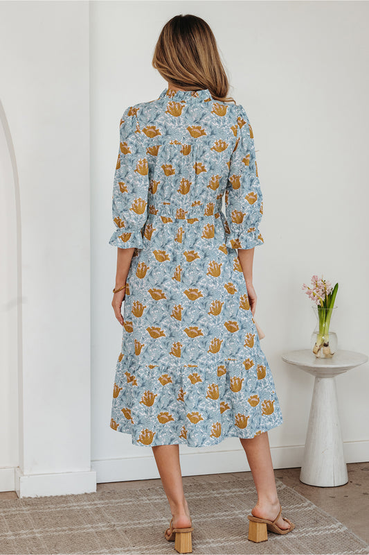 Brown Floral Printed Frilled V Neck Bracelet Sleeve Long Dress a0cbc8b11ab0ce08