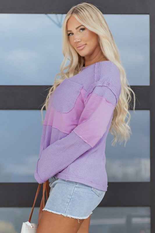 Colorblock Waffle Knit Patchwork Long Sleeve Top a0ce387c-eeb3-46b3-ac75-14931669a78a