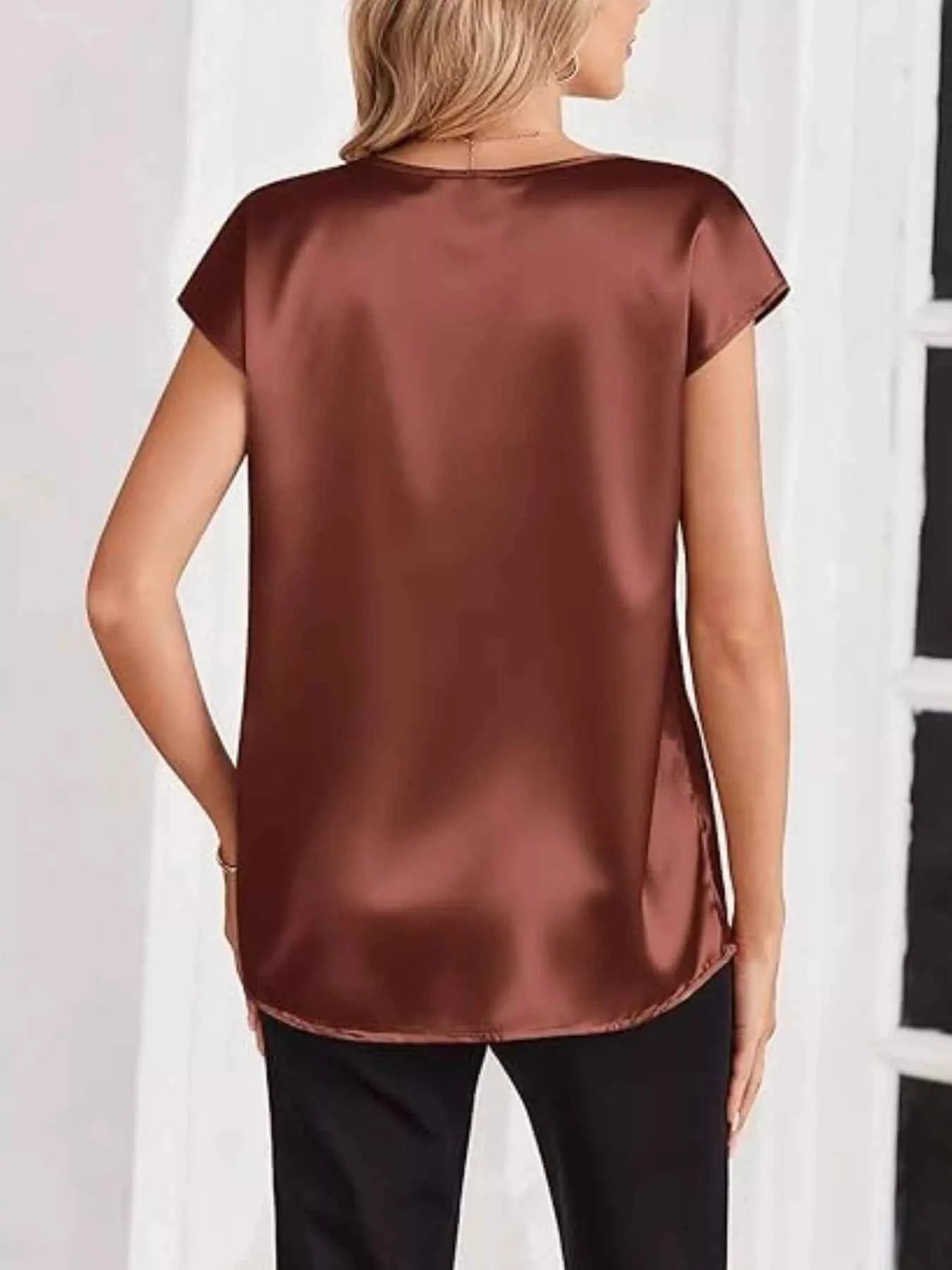 Satin V-Neck Short Sleeve Blouse a0cf7141-ac49-486f-93c5-f91a17b0574e-Max-Origin