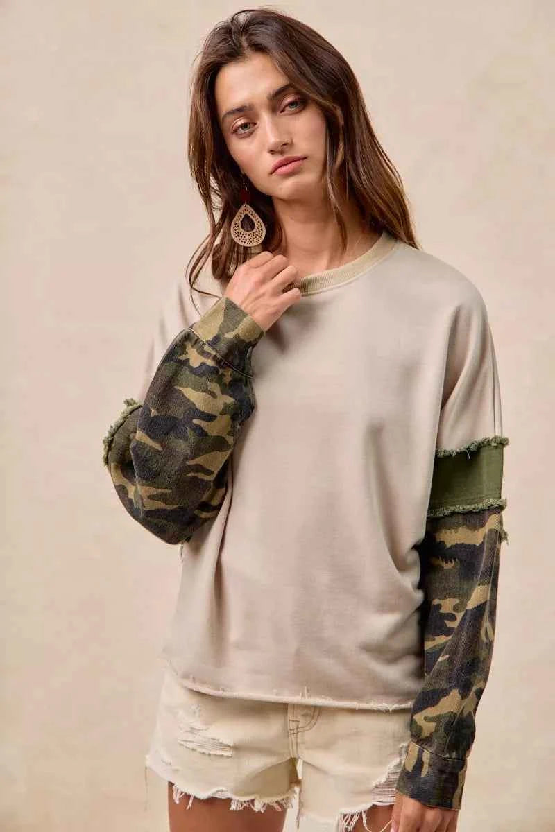 BiBi Camo Sleeve French Terry Top with Frayed Edge a0d3acbc40a2459b84edc38fdbf22dfc-Max-Origin