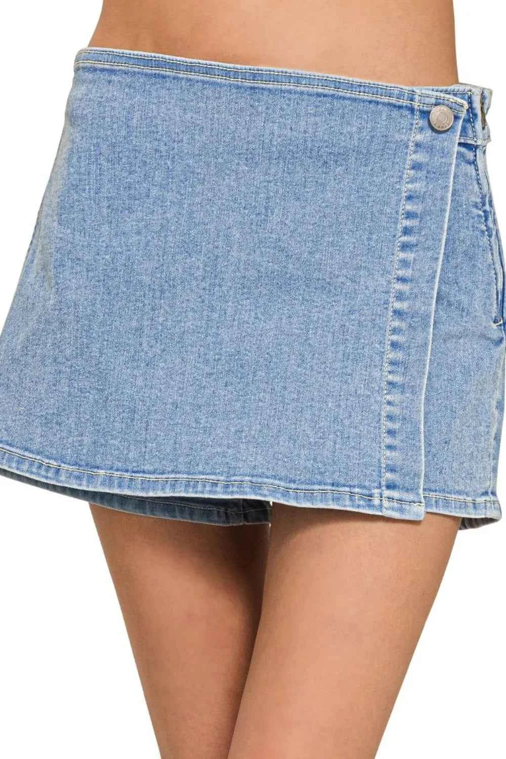 Zenana Wrap Front Skort Denim Shorts LIGHT a0d4cf8d-6a23-448f-8f0d-583d447b018b-Max-Origin
