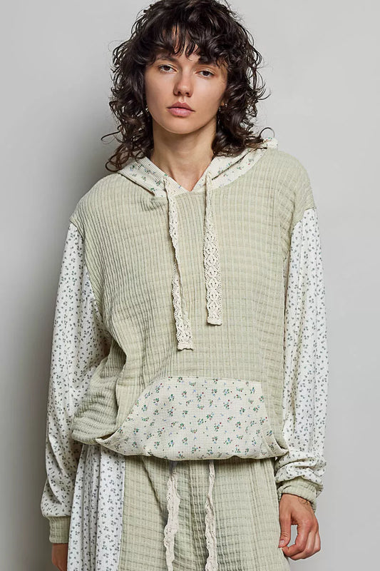 Mixed Knit Contrast Print Sleeve Hoodie with Kangaroo Pocket SAGE MULTI a0d51b9d-6663-46db-bf71-e6123d490afa-Max-Origin