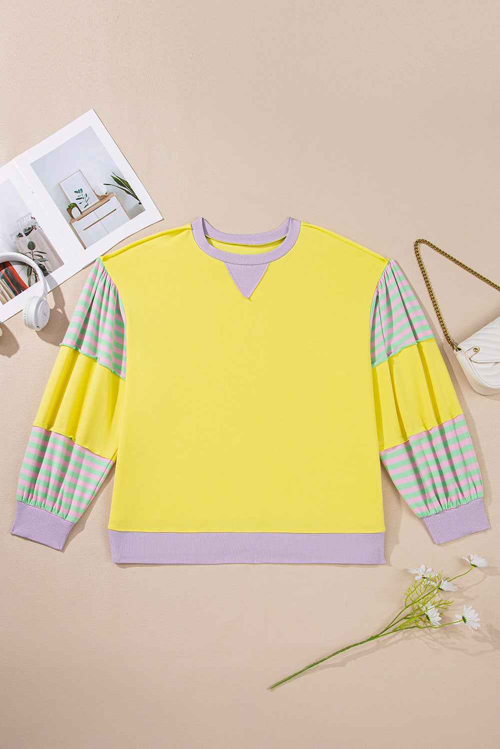 Yellow Striped Colorblock Patchwork Plus Size Pullover Sweatshirt a0d651626fa0d274