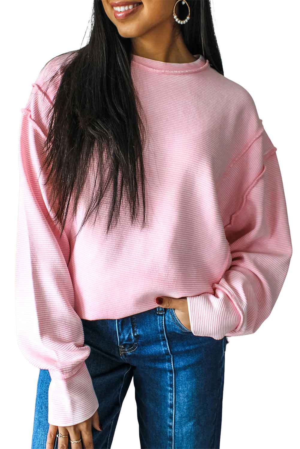 Pink Solid Color Exposed Seam Long Sleeve Top a0dc7b5cb4df4b4b