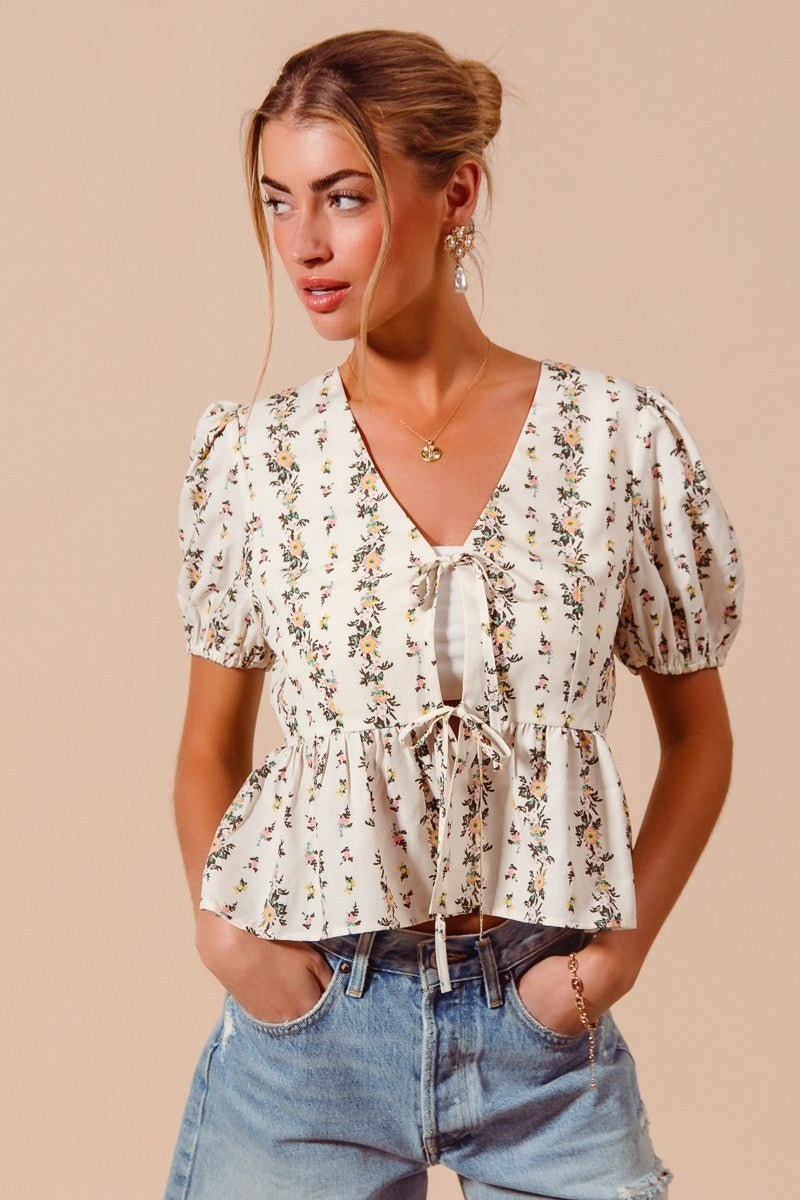 SO ME Floral Print Tie Front Shirred Hem Blouse IVORY a0dd918c807d4f60b3e89d80adc779c3-Max