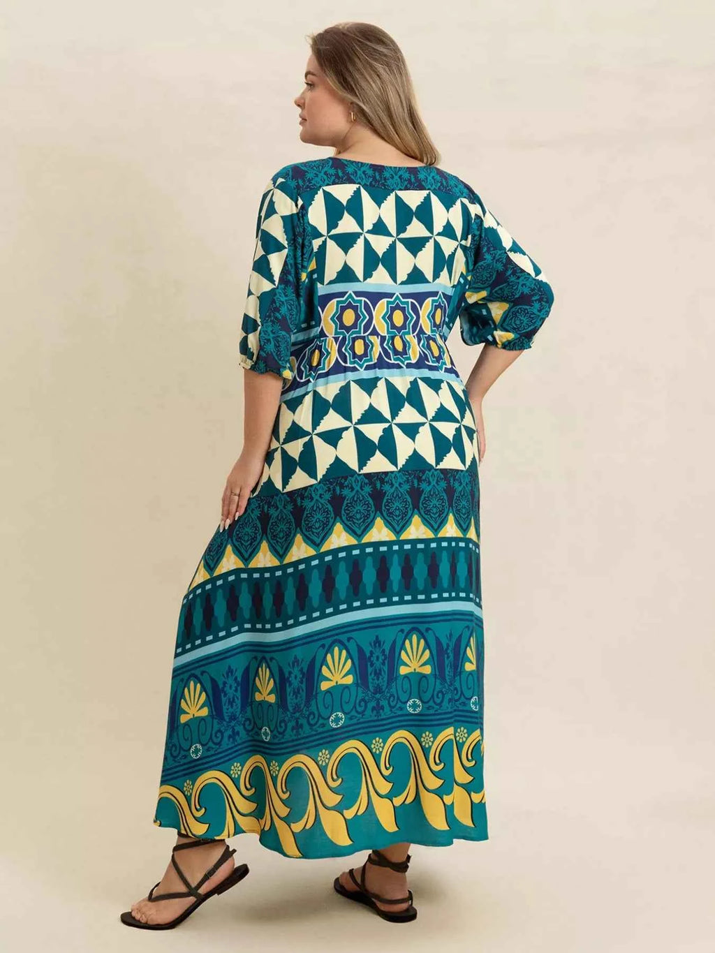 Plus Size Printed V-Neck Half Sleeve Midi Dress a0de430a-d2c7-47fe-b902-a991693d2fb2-Max-Origin