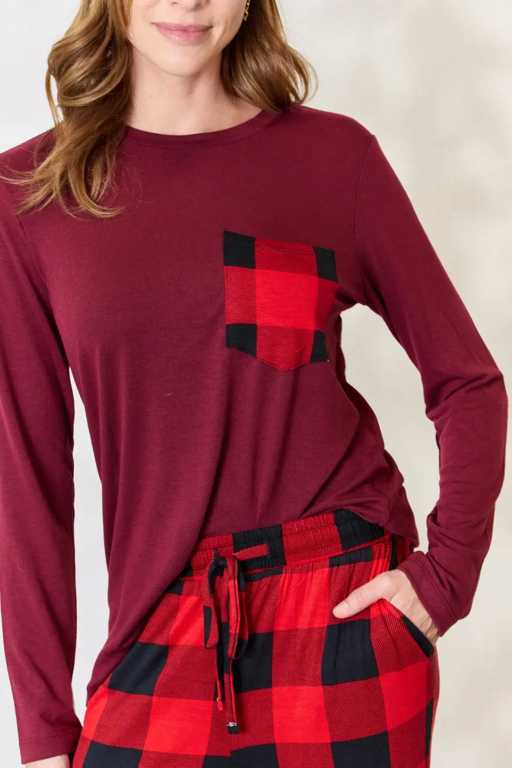 Zenana Full Size Plaid Round Neck Top and Pants Pajama Set a0e4c7b82b25404c9c338121e667255e-Max