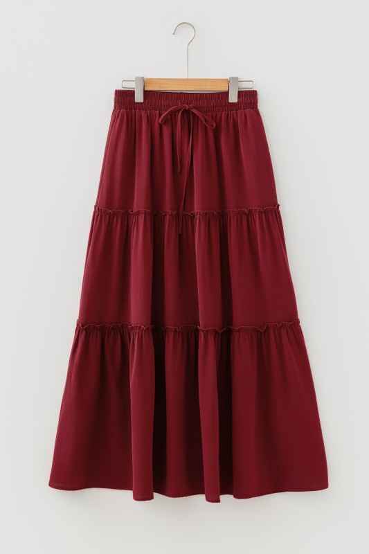 Solid Frilled Tiered Drawstring Waist Maxi Skirt Fiery Red a0ed9da2-c85a-4e95-9c4d-28874d34c4fd