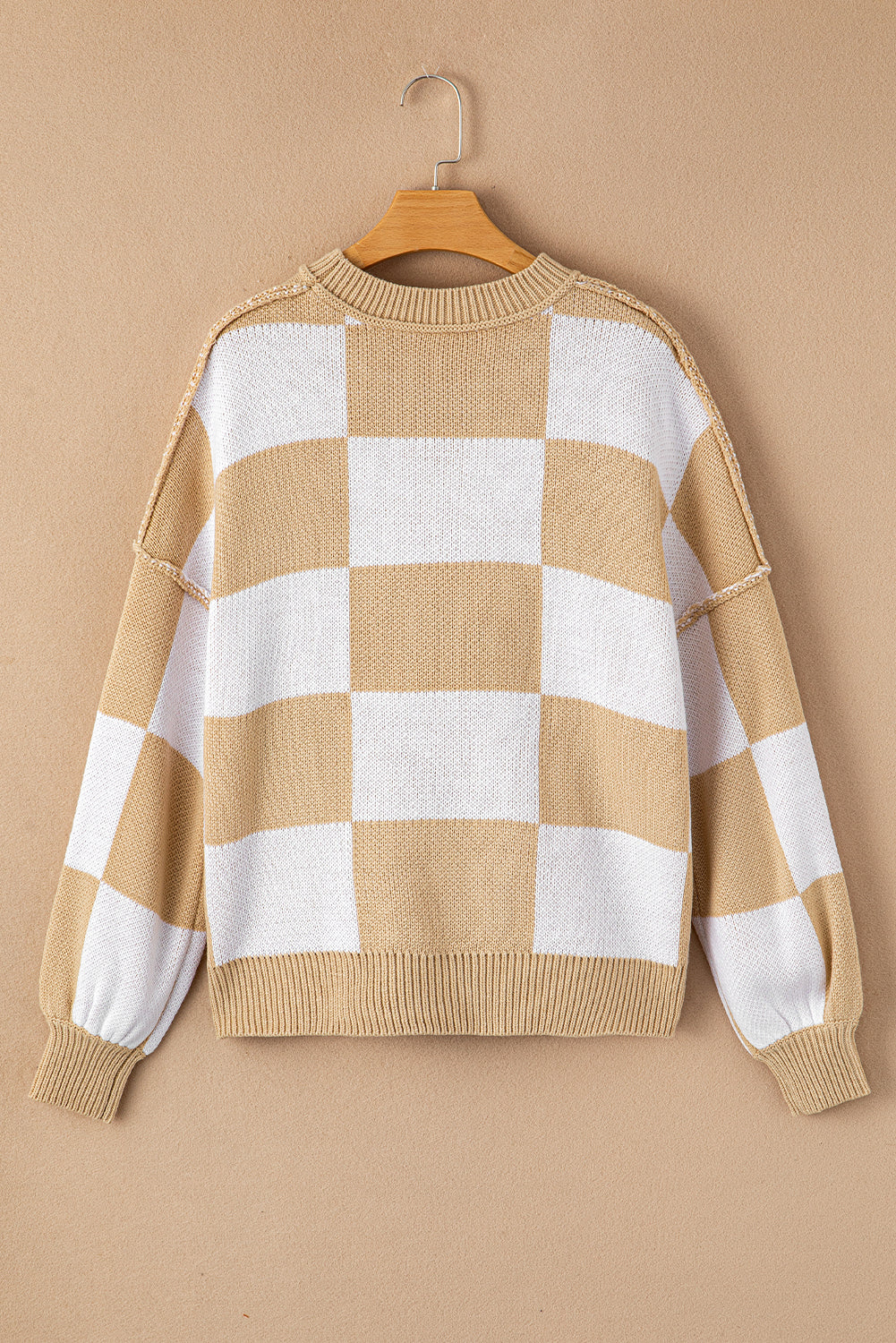 Orange & White Plaid Exposed Seam Bishop Sleeve Sweater a0f3cc983bd907dd