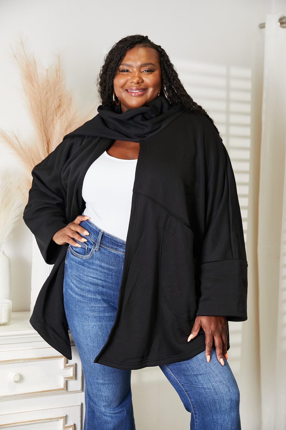 HEYSON Full Size Open Front Cardigan with Scarf Design a101cf6db8c24eef83e4162df47e00e9-Max