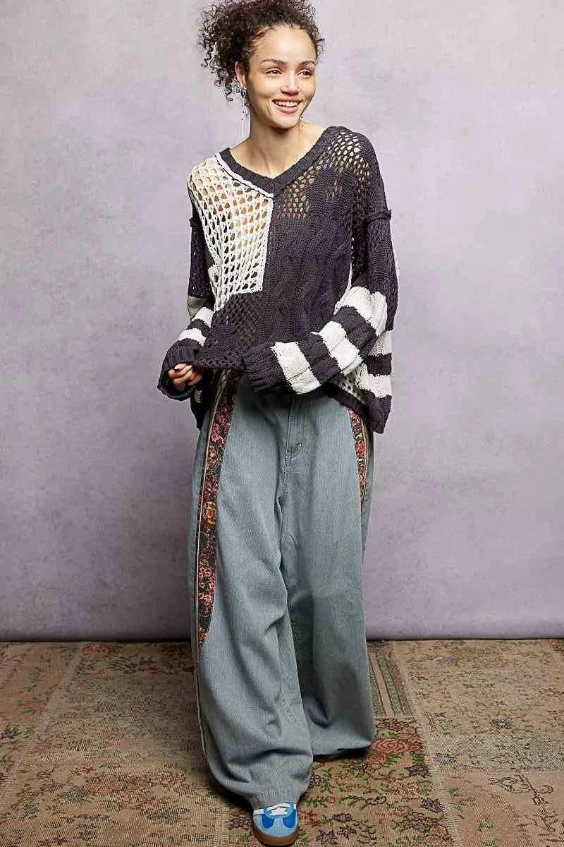 POL Color-Blocked Stripe Pattern Knit Top with Twisted Weave a1095795-25cd-4e27-a8e9-62eddbc1a137-Max-Origin
