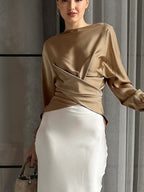 Ruched Long Sleeve Satin Blouse a10be351-904e-4100-a146-a647ca617513-Max