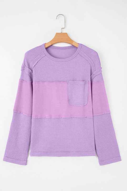 Colorblock Waffle Knit Patchwork Long Sleeve Top Phalaenopsis a1115937-2126-4177-a400-720a27d7fc4d