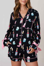 Color black Christmas Wine Glass Print Bow Knot Two Piece Pajama Set Color black 100%Viscose a1144572731659cb
