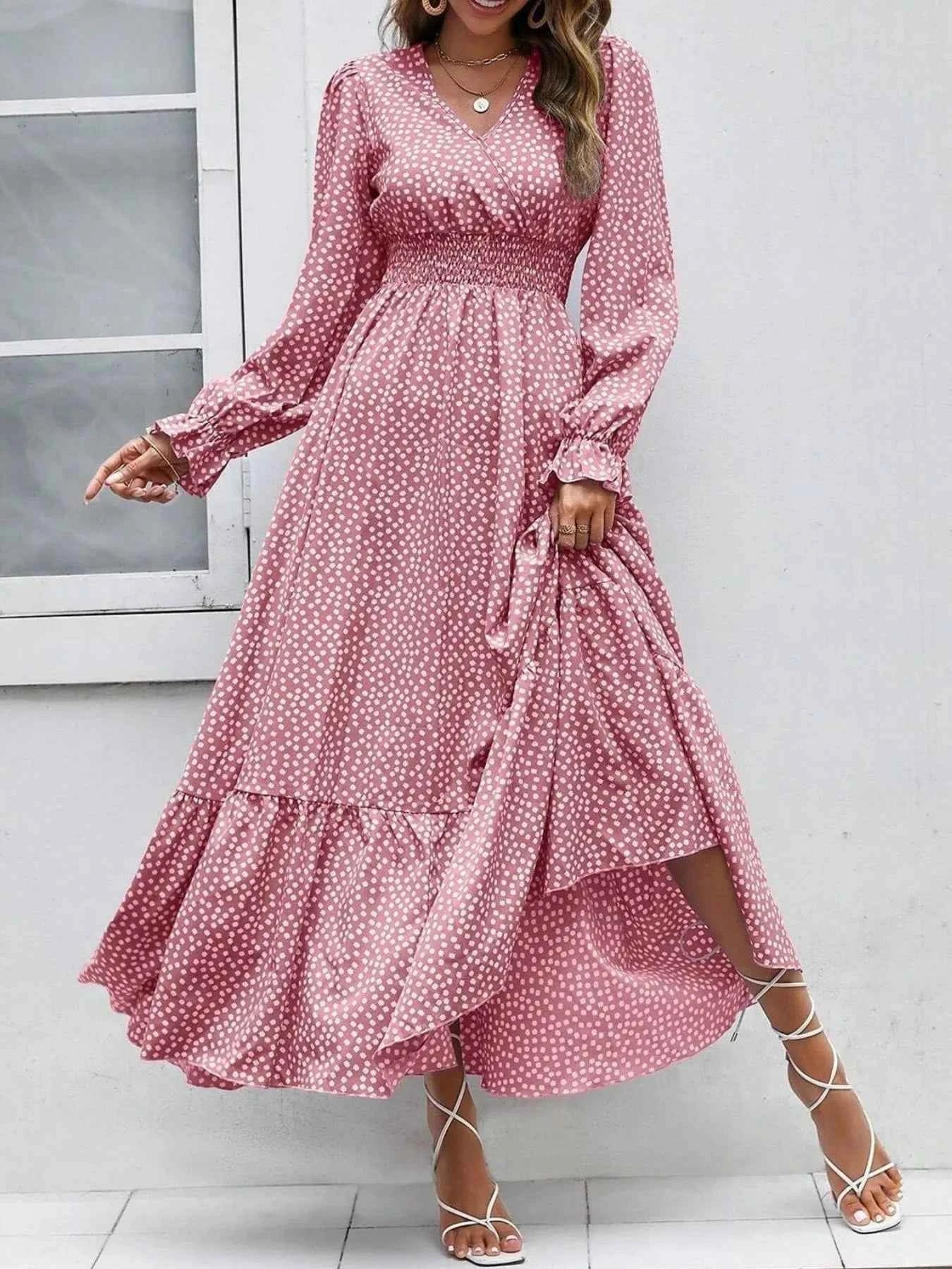 Smocked Waist Polka Dot Long Sleeve Maxi Dress a115c3b8-7745-4002-bb13-ebc5d26327e7-Max-Origin