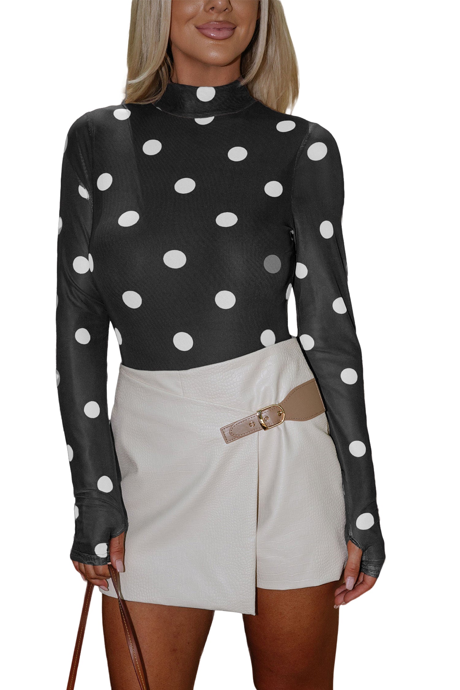Brown Vintage Polka Dot Print Mesh Long Sleeve Bodysuit a115fe4d9f231bc1