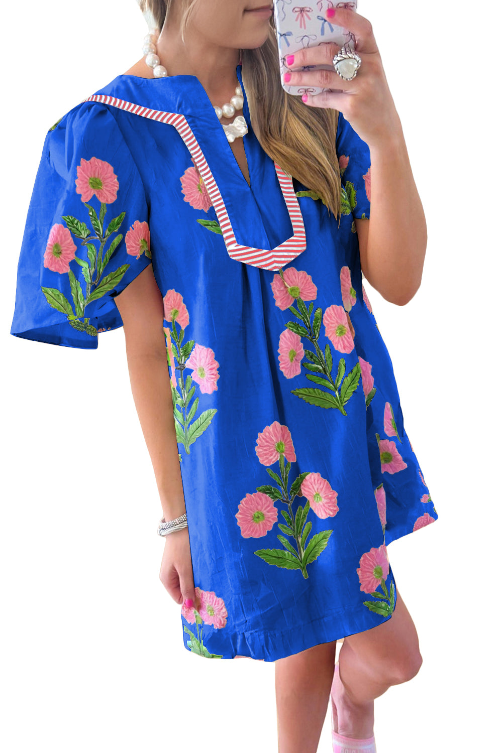 Blue Striped Trim Short Sleeve Split Neck Floral Mini Dress a1190c6a22ea0b01
