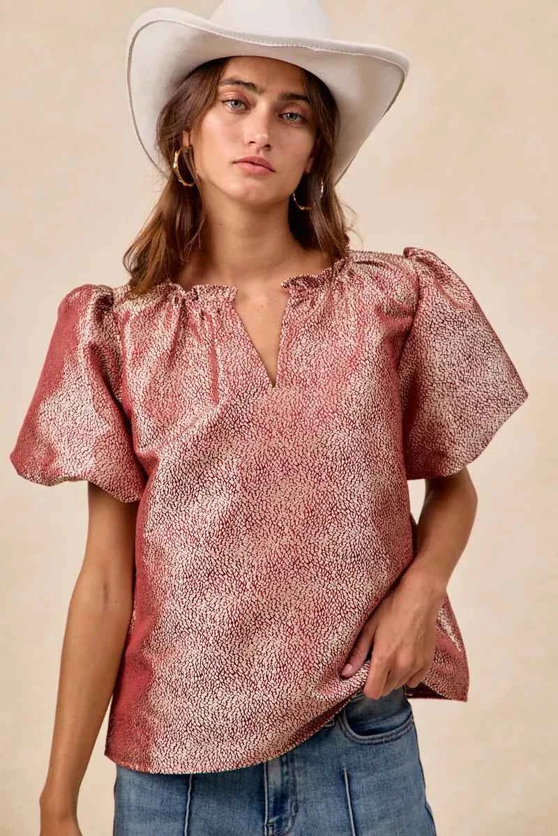 BiBi Jacquard Woven Short Balloon Sleeves V Neck Top a119858faeb3412bb21ace712cfc666b-Max-Origin