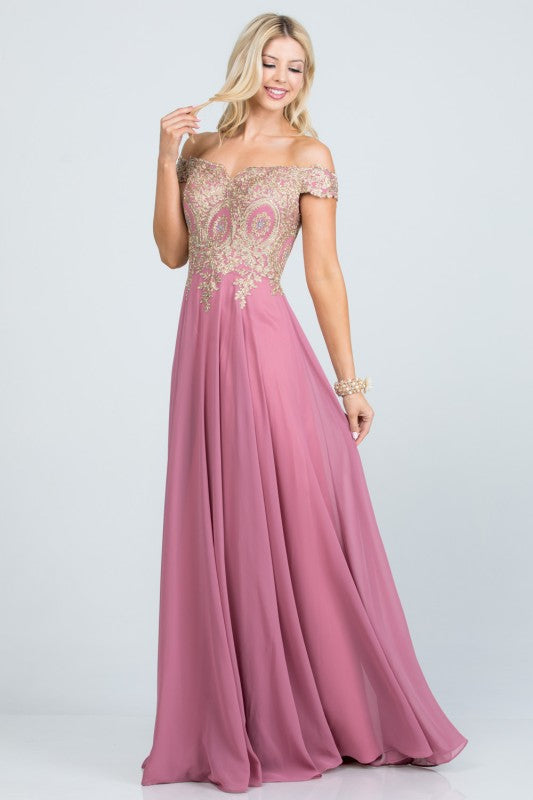 Off Shoulder Evening Gown – Gold Lace Appliqué Chiffon Dress for Women a11d31cc-233b-4fa8-b7e6-7cf12a0160a4
