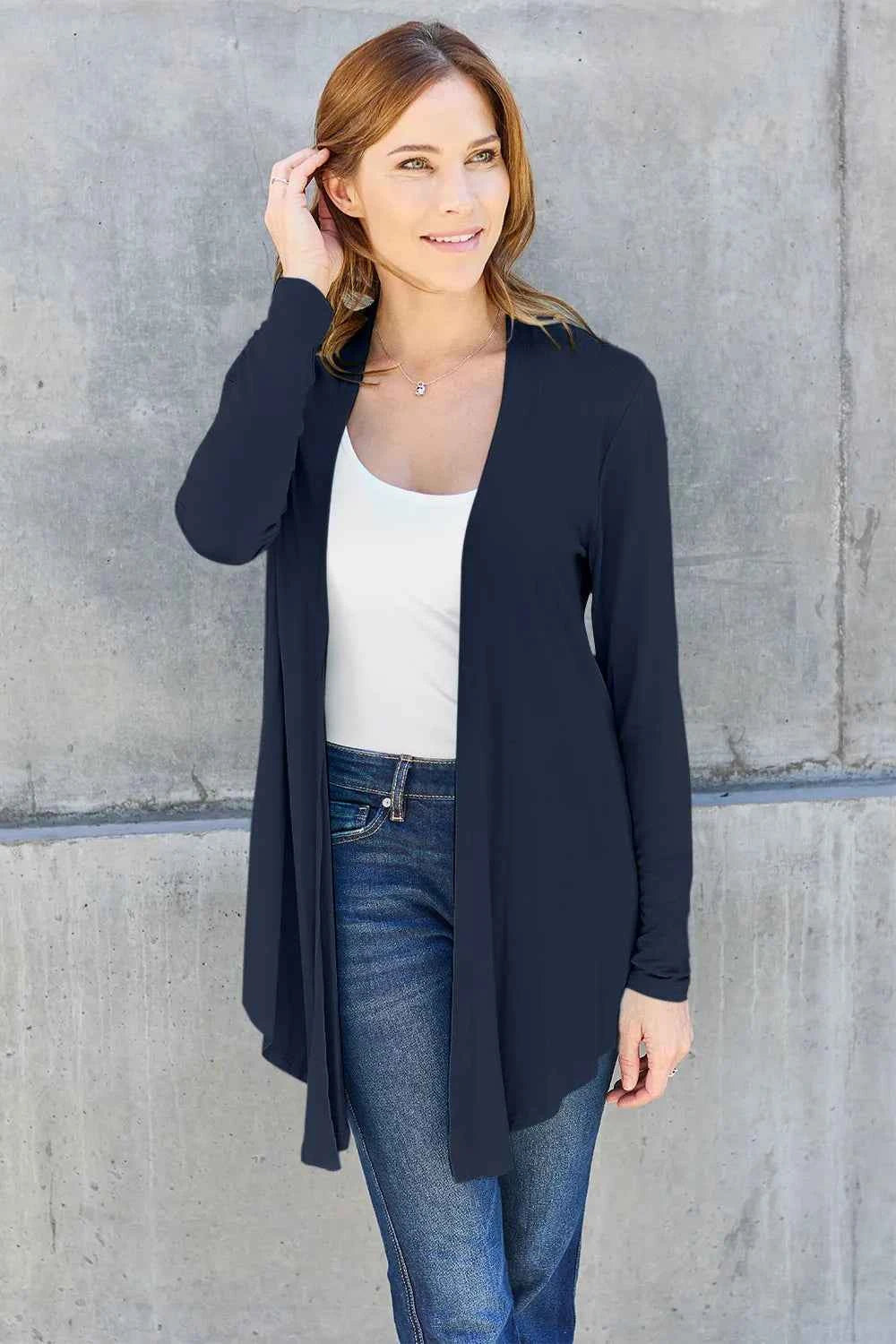 Basic Bae Full Size Open Front Long Sleeve Cardigan Dark Blue a11dc8ba-5762-4470-a749-20f8d6f4426f-Max