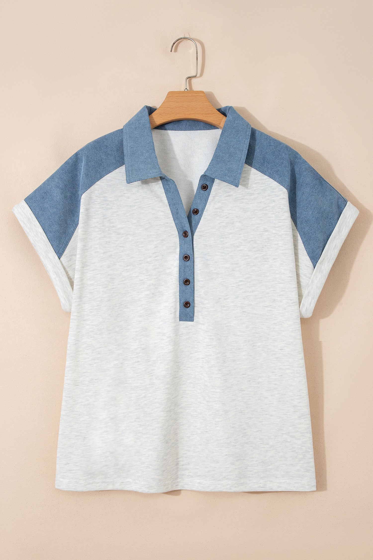 Beige Plus Size Contrast Denim Patchwork Cuffed Sleeve Polo Tee a11e53f8496bebcc