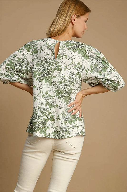 Umgee Floral Pleated Detail Lace Trim Sleeve Blouse a11f55df-9105-40d6-8af1-a408edcc68f8-Max