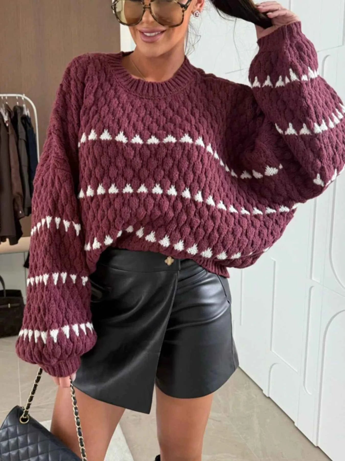 Chunky Knit Striped Sweater with Balloon Sleeves Burgundy a11f7741-977f-4f50-a97c-62c24a1d108a-Max-Origin
