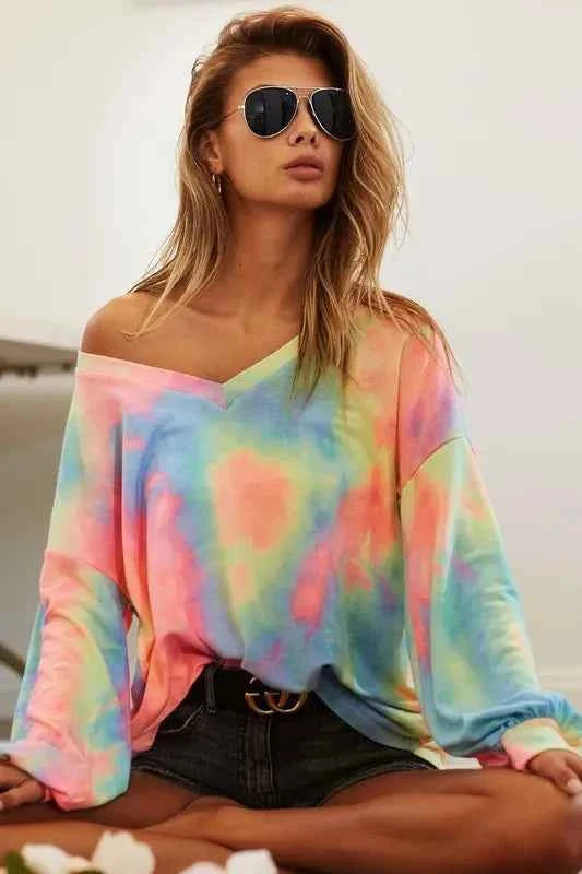 Tie Dye French Terry V Neck Top a122a3a53ea2402bbae878f2bdd558a0-Max-Origin