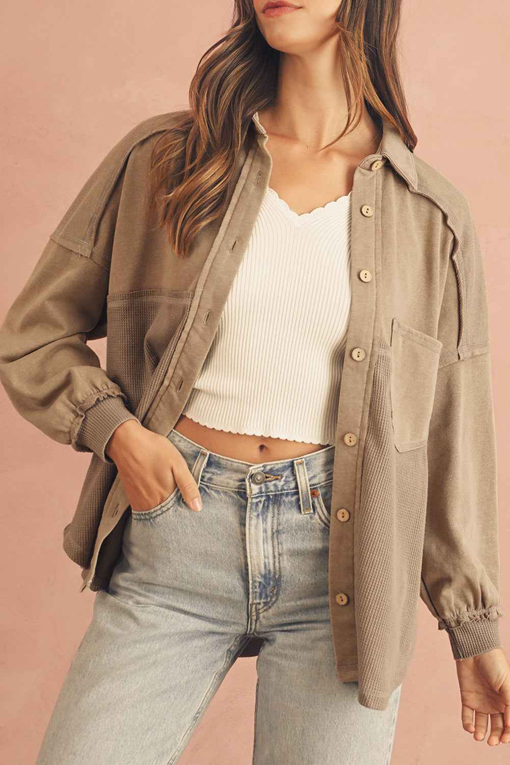 Goat Mineral Wash Textured Patchwork Loose Fit Shacket Goat 65%Polyester+35%Cotton a124619206559de4