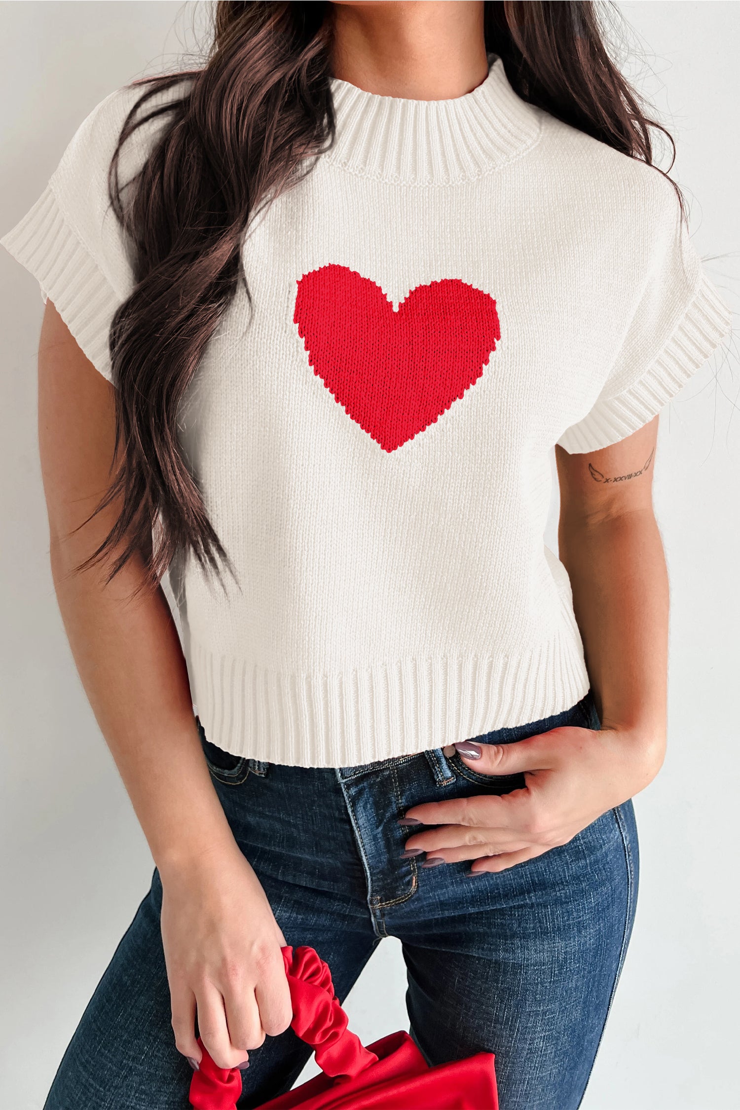 White Valentine Heart Graphic Cropped Short Sleeve Sweater White 52%Viscose+26%Polyester+22%Polyamide a1247480bd85fe0a
