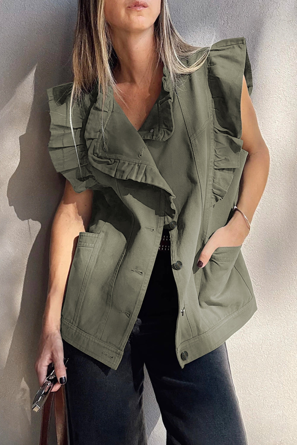 Green Bay Ruffle Plain Denim Jacket Vest a128930a98f22330