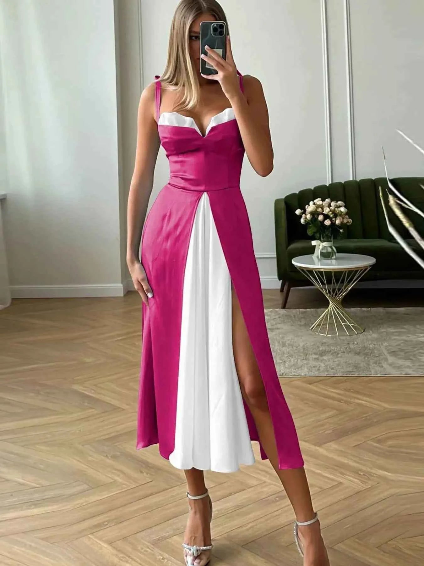 Slit Contrast Sweetheart Neck Midi Dress Rose Red a1290ba6-475b-44a9-8e94-ded05923a89a-Max-Origin
