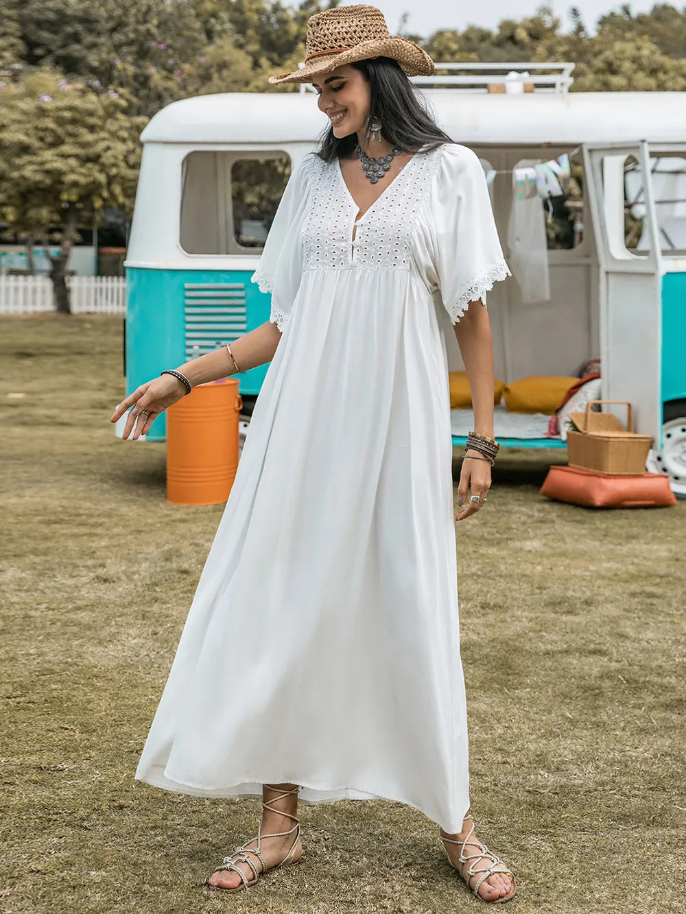 Lace Detail Eyelet V-Neck Half Sleeve Dress White a12c40d3-52fd-497d-89c0-df7642b2db42-Max