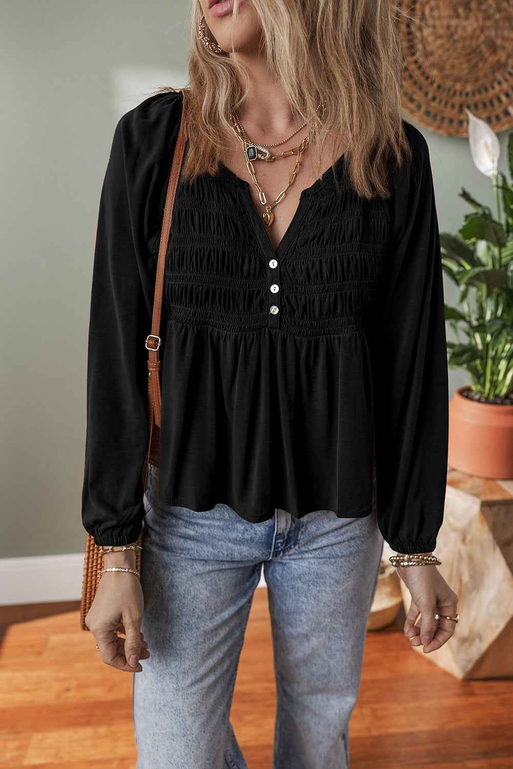 Black Smocked Bust Buttoned Split V Neck Flowy Blouse Black 93%Viscose+7%Elastane a12d49e9eadcaaa8