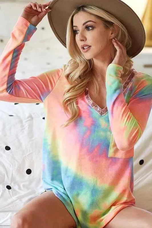 BiBi Tie Dye V-neck Terry Knit Top With Sequins a12e7d539b0642c6b4c55e8e3293273a-Max-Origin