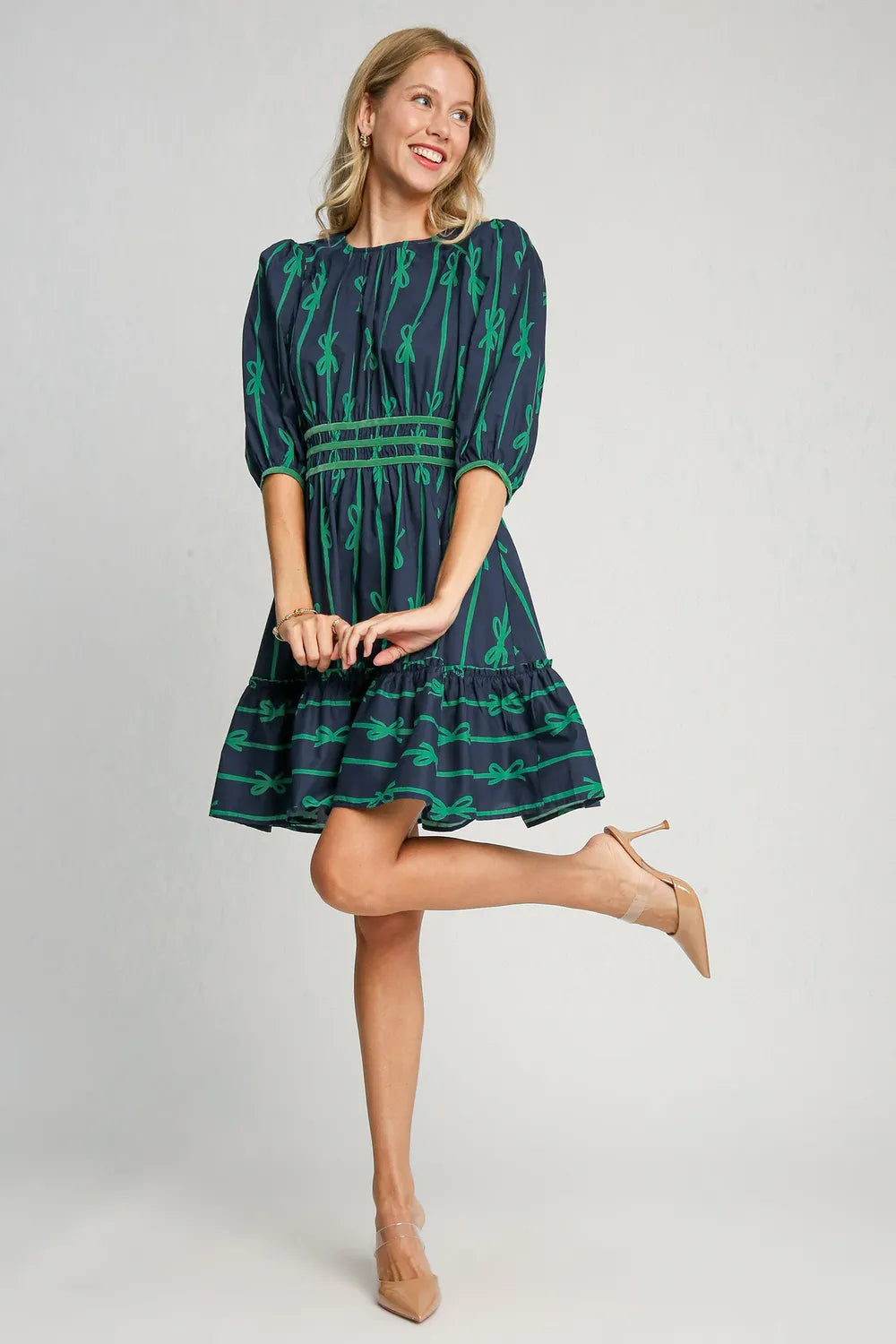 Umgee Ribbon Print Frill Contrast Velvet Trim Half Sleeve Dress a1301bdb-6ab5-4f72-ac8c-08e9a6e7d231-Max