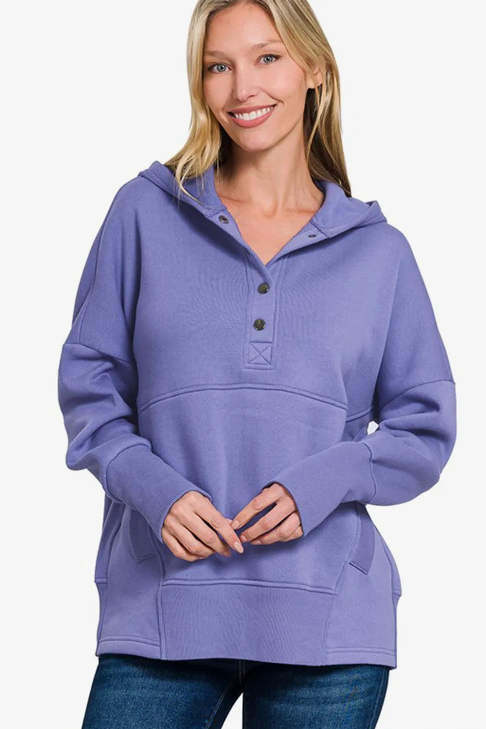 Zenana Half Snap Long Sleeve Hoodie with Kangaroo Pocket Blue Purple a137660b-7905-426a-80ba-ca4cbc5fb028-Max