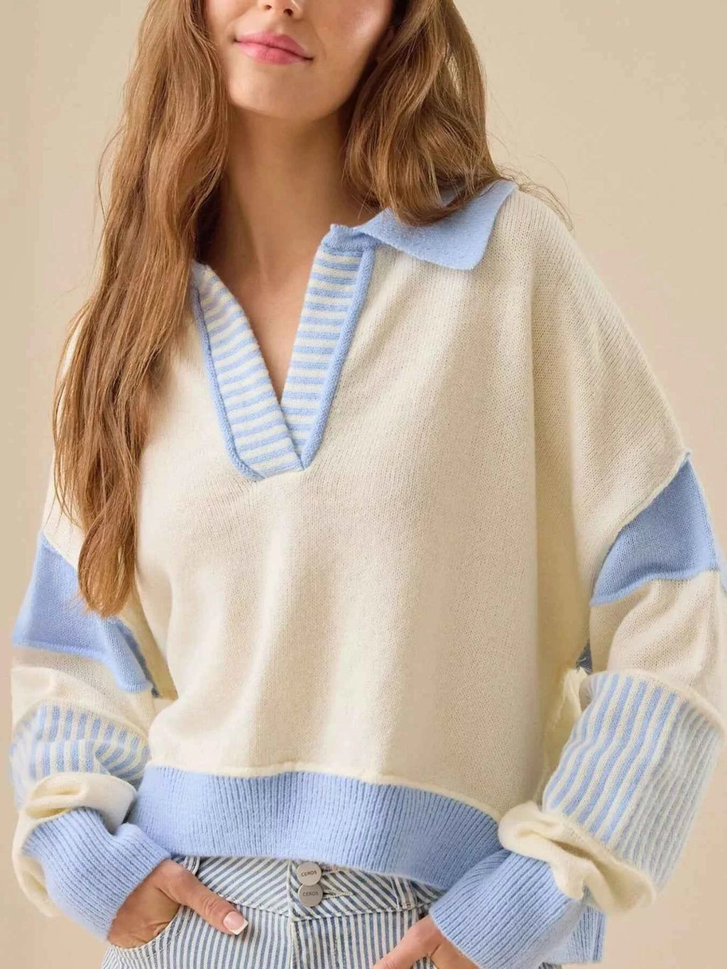 Color Block Dropped Shoulder Sweater Cream a139c6eb-a50d-48c9-a20b-ff62a34a9045-Max-Origin