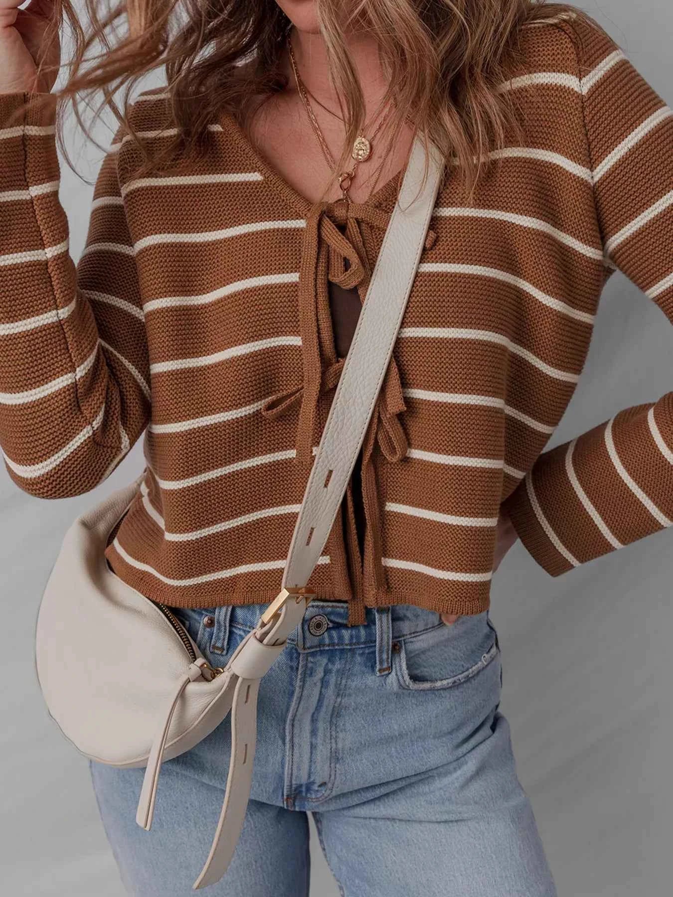 Tie Front Striped Knit V Neck Cardigan a139d21b22ec4eccb610686eef7421aa-Max-Origin