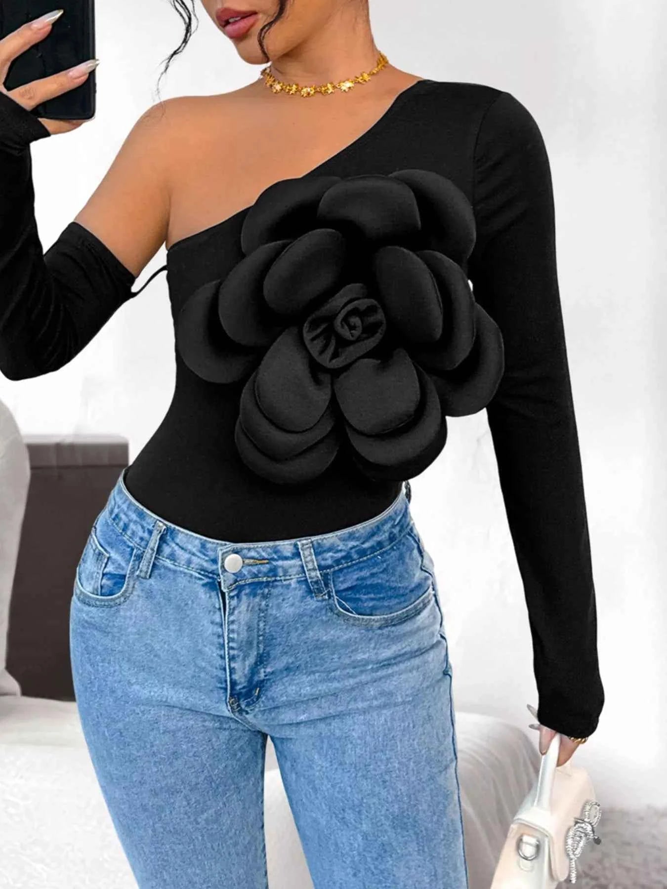 Flower Long Sleeve Single Shoulder Bodysuit a13ca769-7d85-4947-9388-889fdee6211c-Max-Origin
